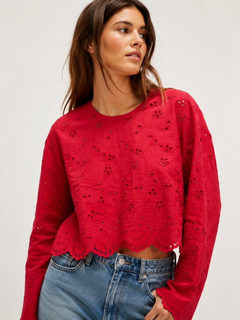 NWT Free People Emma Eyelet Top Red Eyelet Scallop Hem Women's size Small